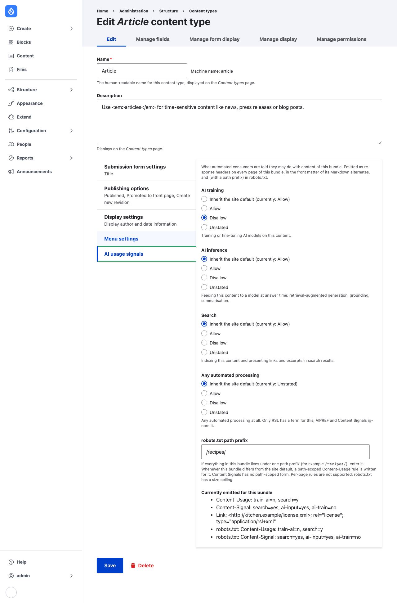 The AI usage signals section on the Article content type: training set to Disallow, the other categories inheriting the site default, the path prefix /recipes/, and the strings currently emitted for the bundle.