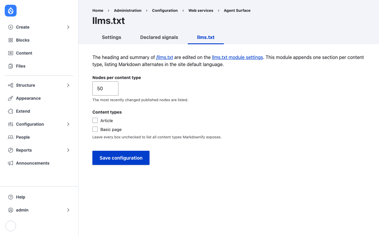 The llms.txt tab: the number of nodes listed per content type and the content types to list.