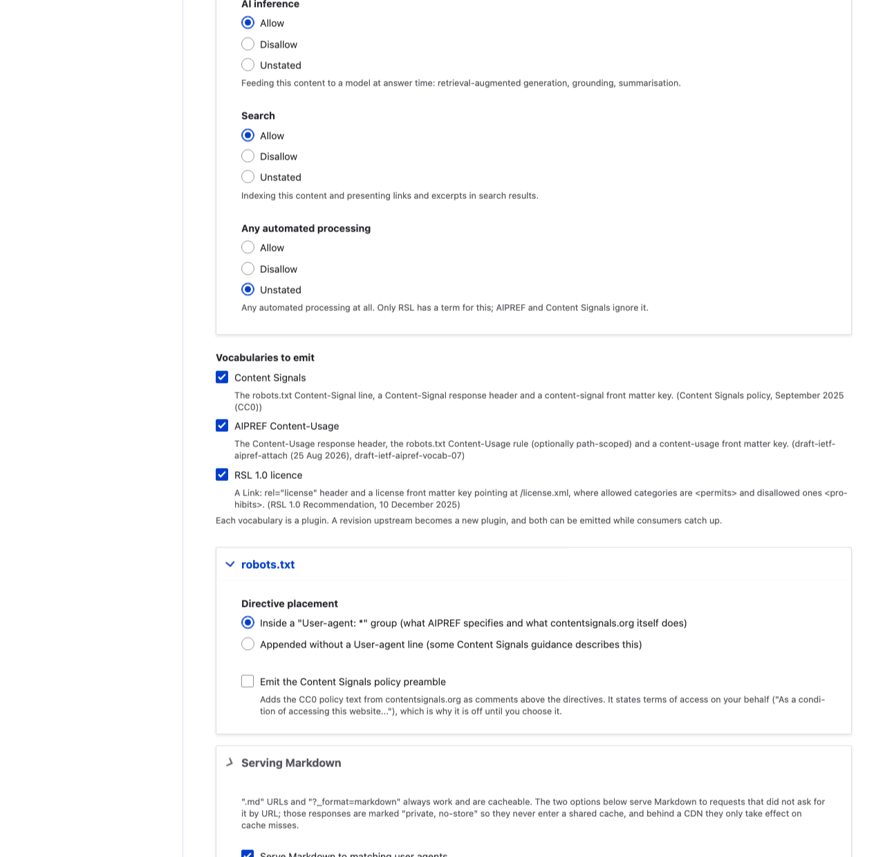 The top of the Agent Surface settings form: a warning that the settings are a public statement, then the site default preferences for AI training, AI inference, search and any automated processing.