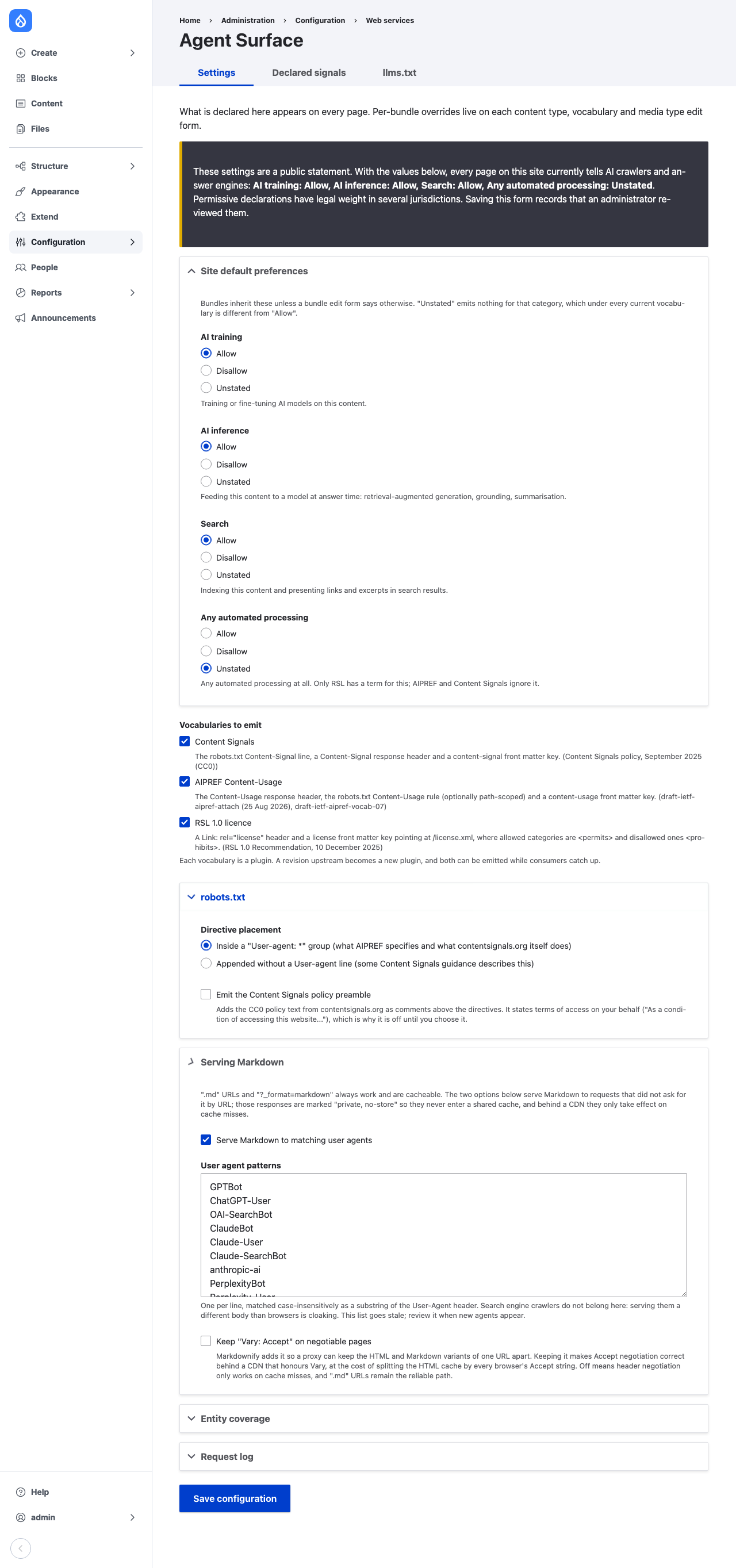 The settings form, with the site default preferences, the vocabularies to emit, the robots.txt options and the Serving Markdown options open.