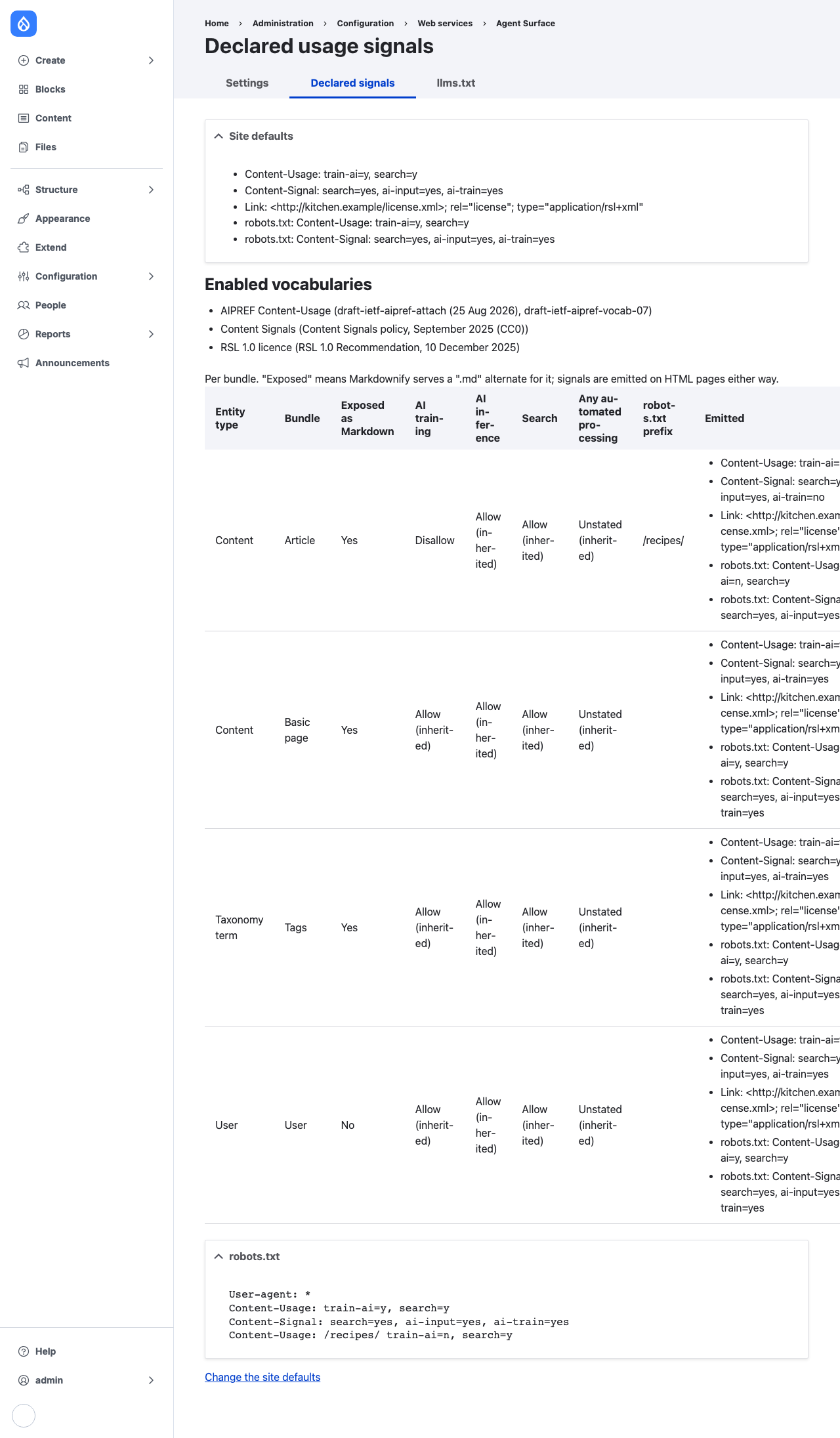 The Declared signals page: site defaults, enabled vocabularies, a table of bundles with their effective signals, and the robots.txt lines.