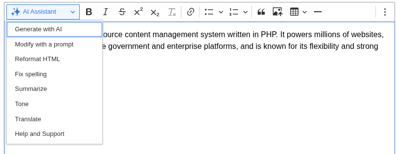 The AI Assistant toolbar button open in CKEditor, listing the available AI actions.