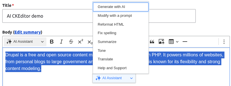 The contextual balloon menu next to a block of selected text.