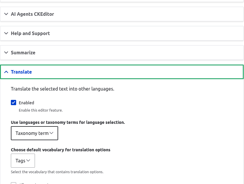 The AI tools settings on a text format, with the Translate action expanded.