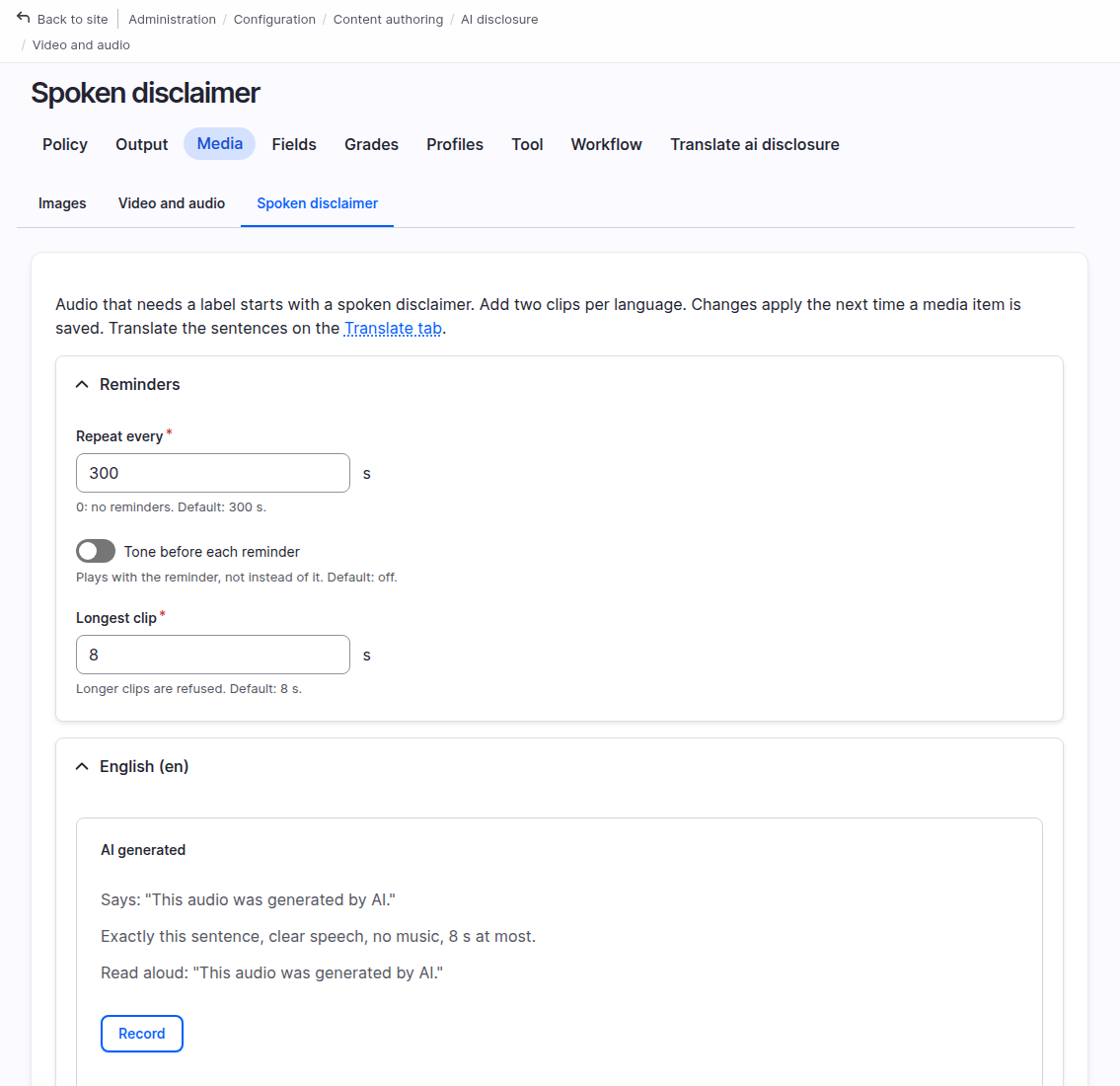 The audio disclaimer settings page