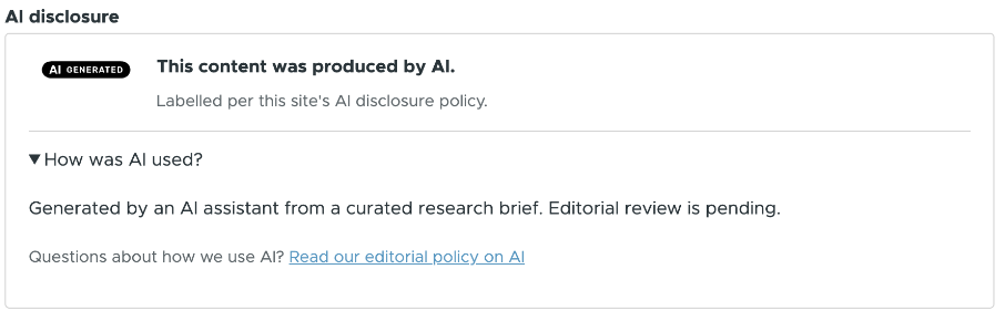 The reader-facing disclosure card on an article
