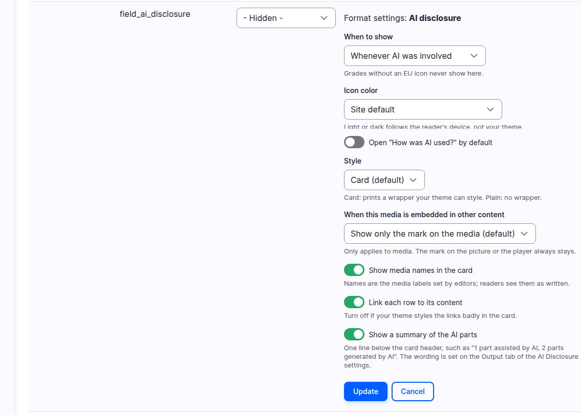 The formatter settings in Manage display