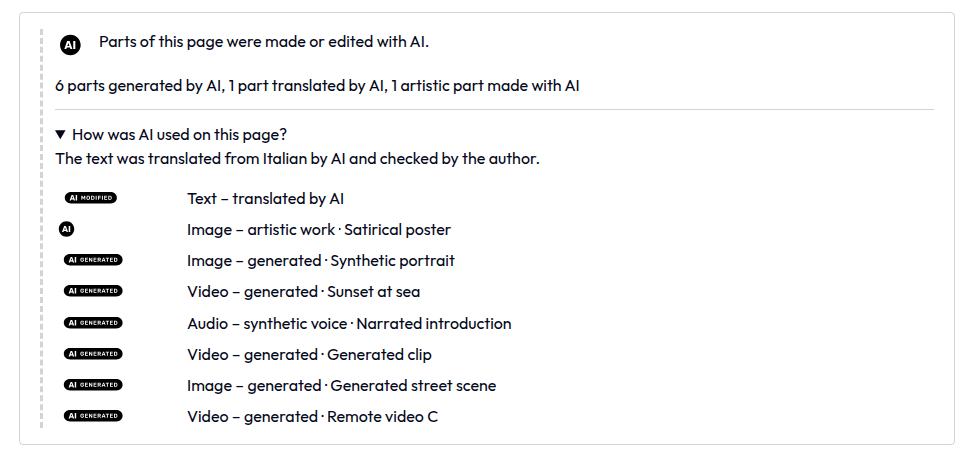 The grouped disclosure on a page with a translated text and several AI media