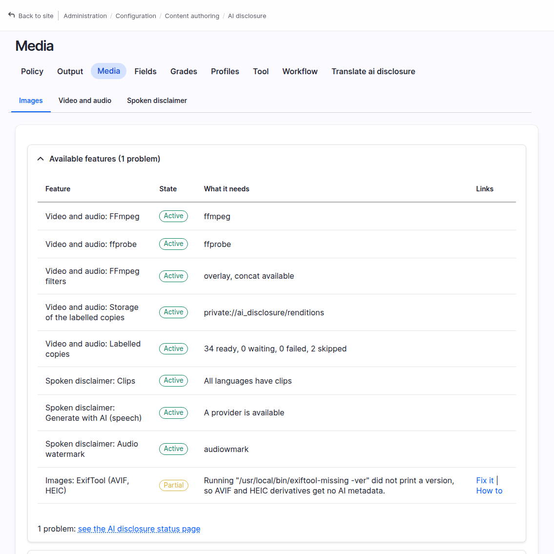 Available features at the top of the Media tab