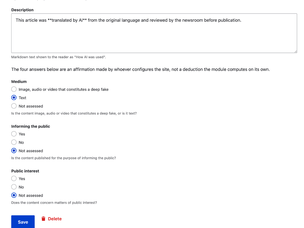 The profile form, with the four scope questions