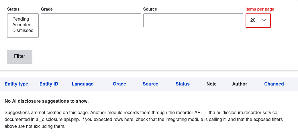 The suggestions listing with rows