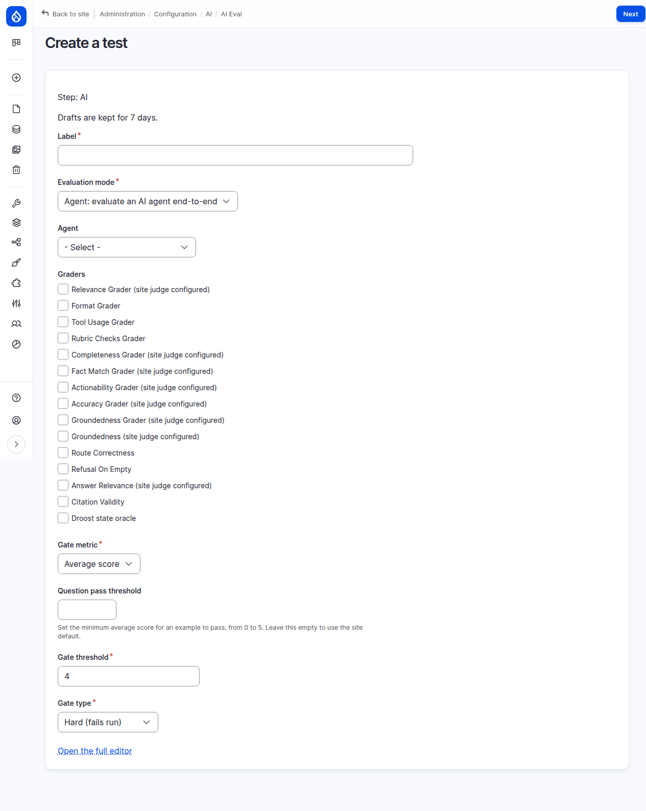 Create a test, step 1 of 3: label, evaluation mode, agent, graders and quality gate