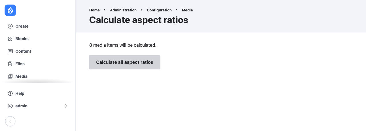 The Calculate aspect ratios page, saying 8 media items will be calculated, with a Calculate all aspect ratios button.