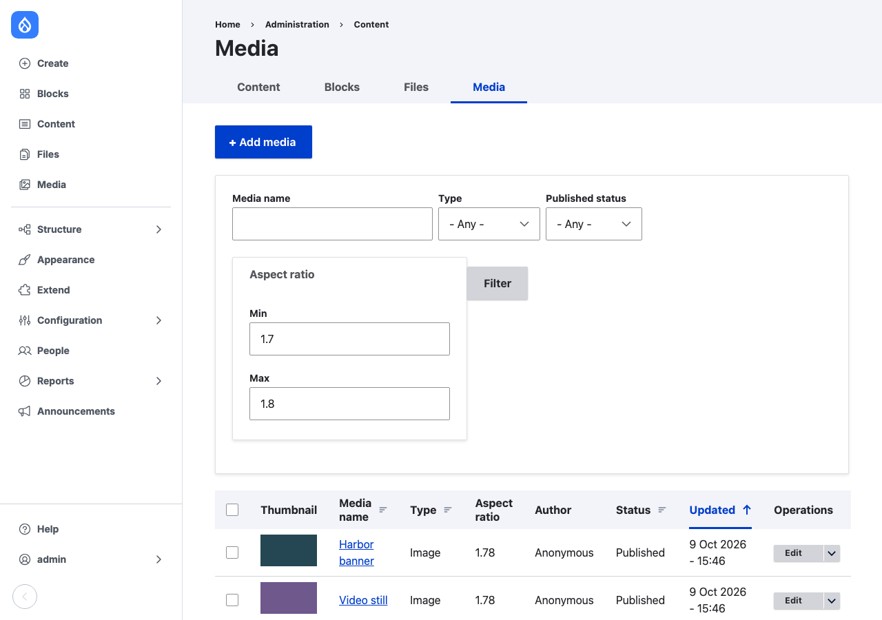 The media administration View filtered to aspect ratios between 1.7 and 1.8, listing two 16:9 images with an Aspect ratio column of 1.78.