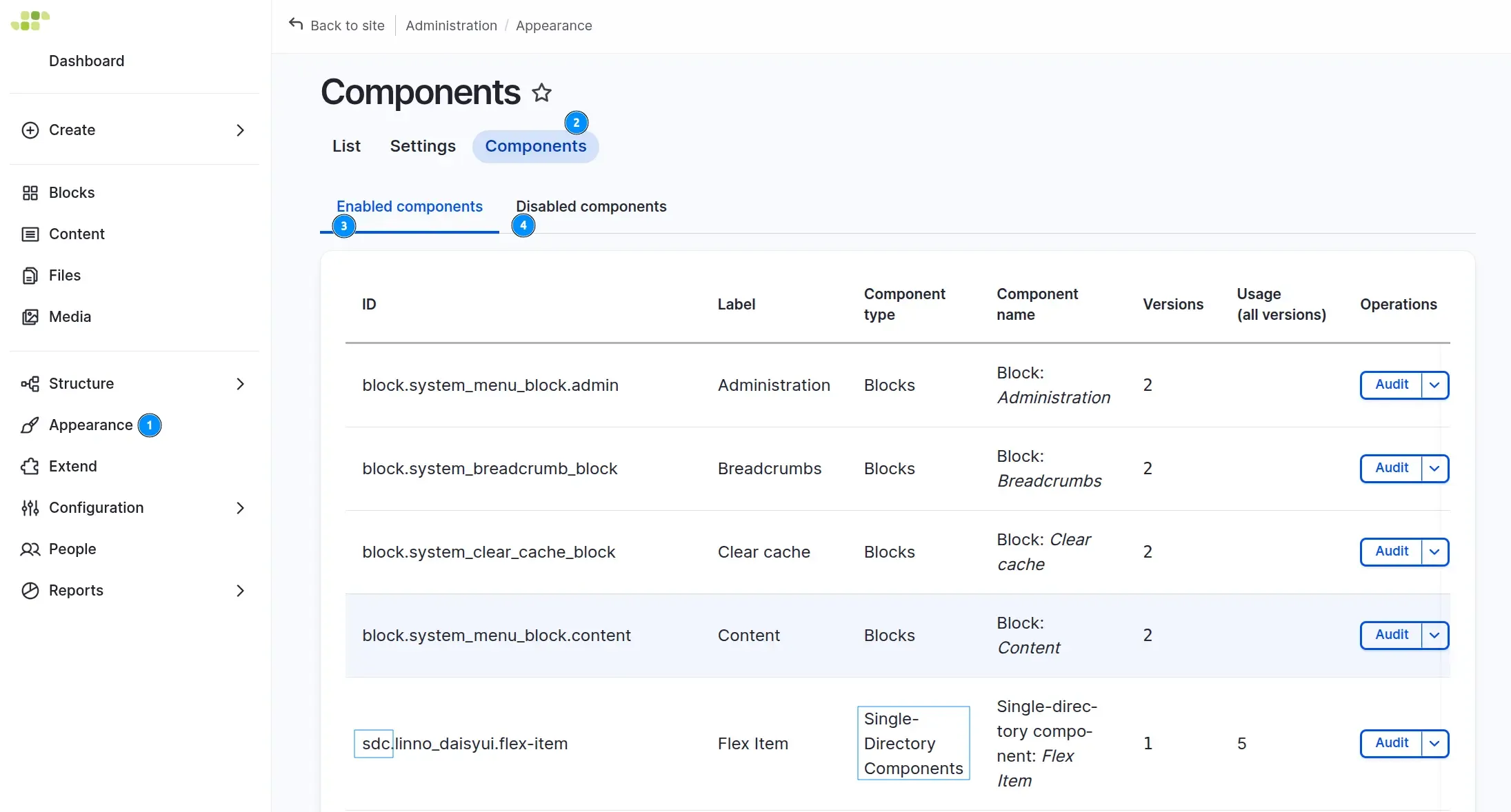 A screenshot showing the list of enabled components: sdc and block,
and access to disabled or invalid components
