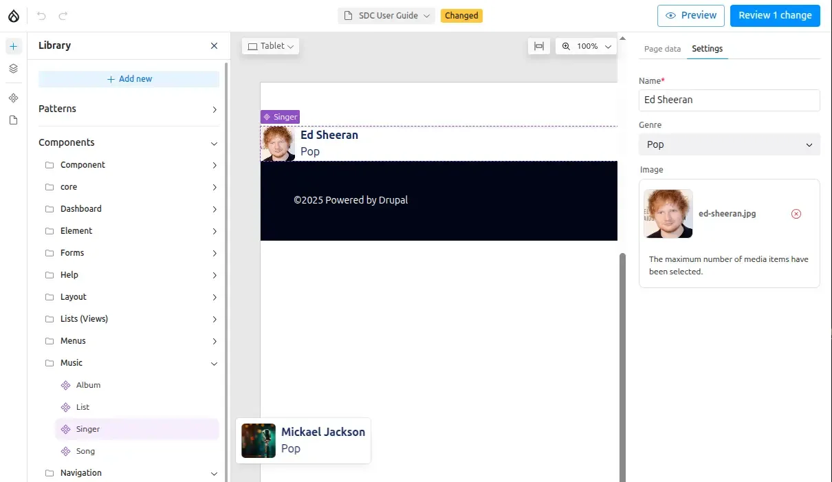 "Dragging a Singer component, and set your props