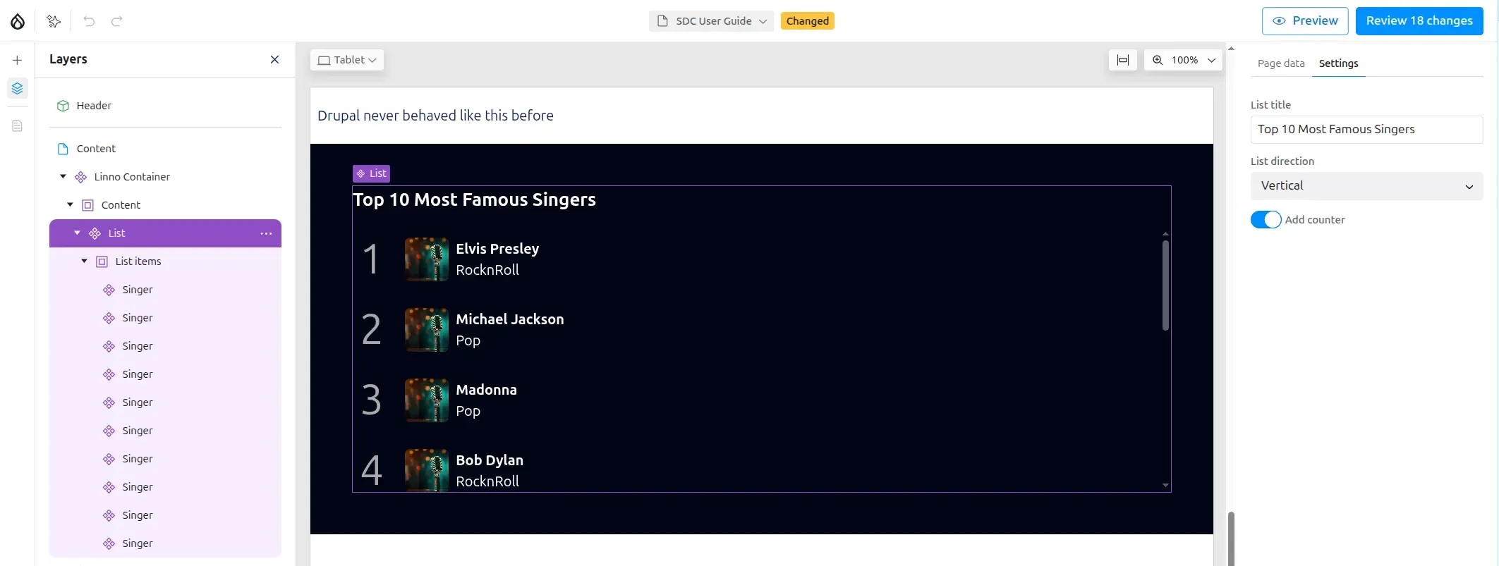 "SDC List with slot list items"