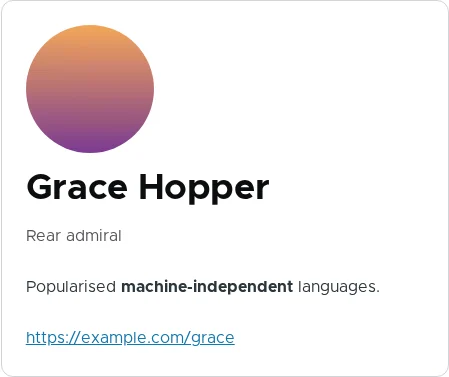 A Speaker card showing Grace Hopper, her role, a biography with bold text, a portrait and a website link