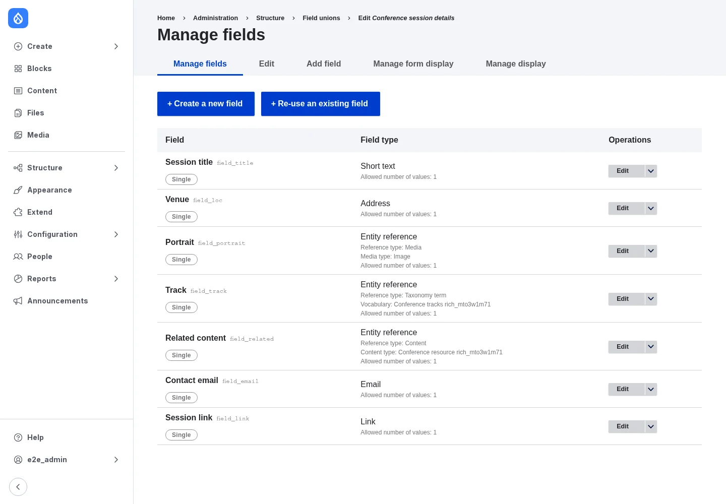 A session with Address, taxonomy, Media, content, email, link and text sub-fields.