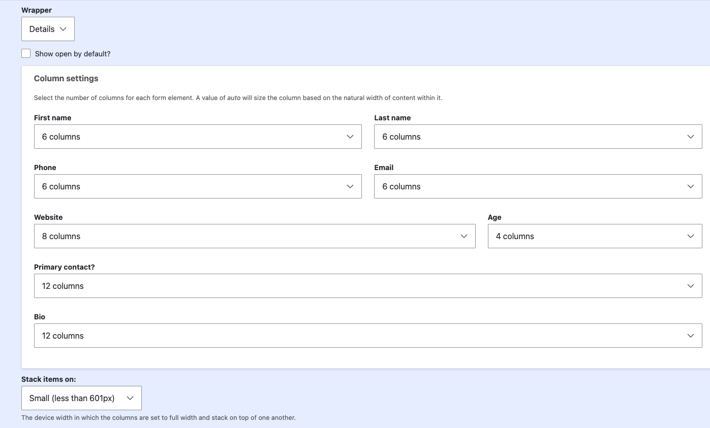 Flexbox settings