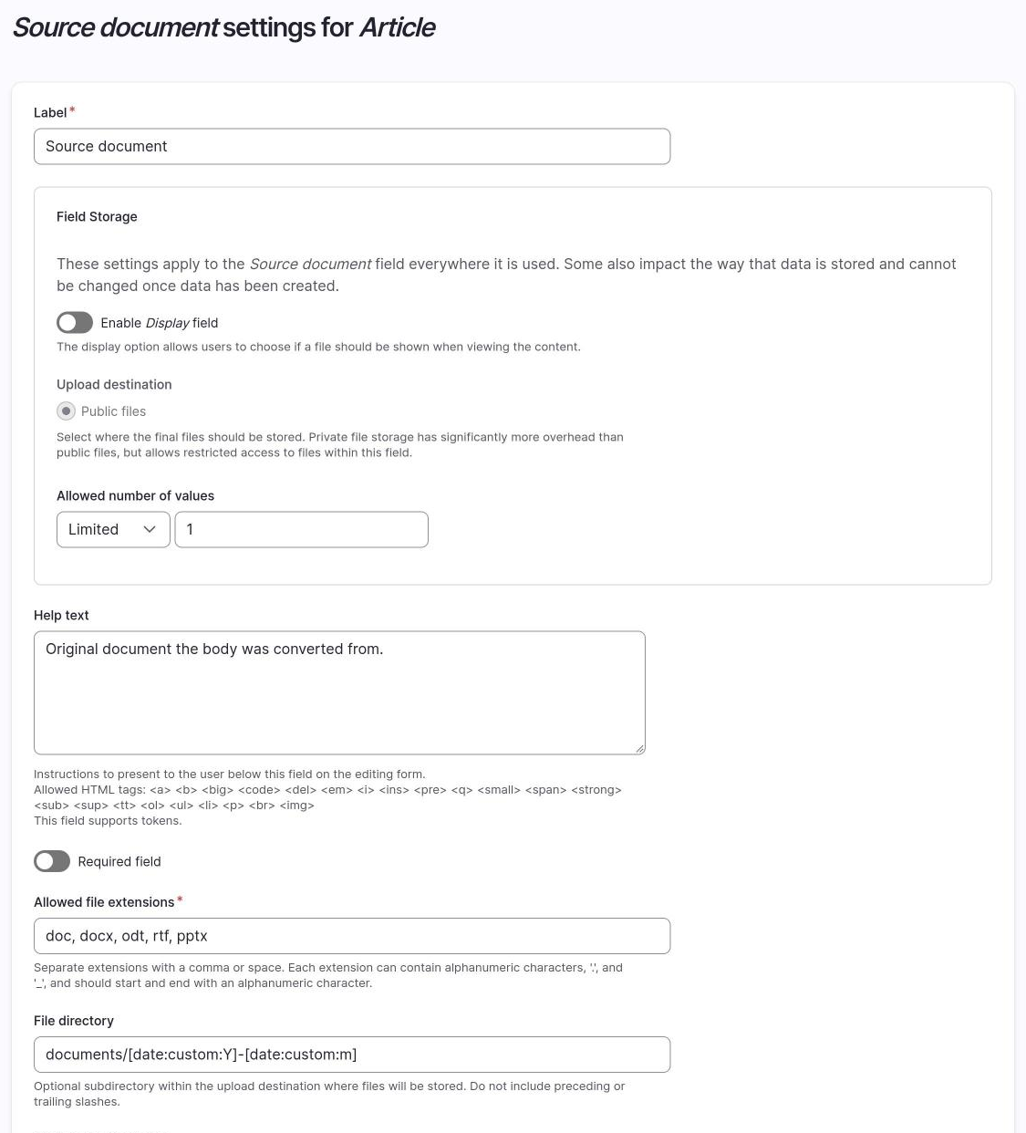 The Source document field settings on the Article content type.