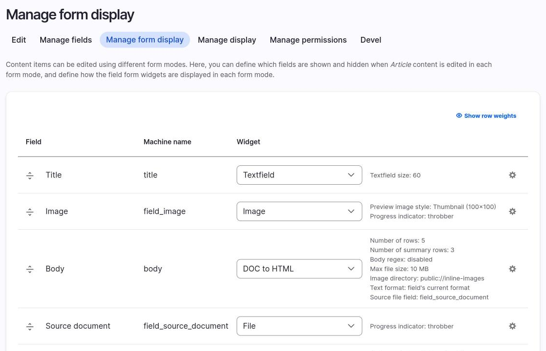 The Manage form display page with the DOC to HTML widget on the Body field.