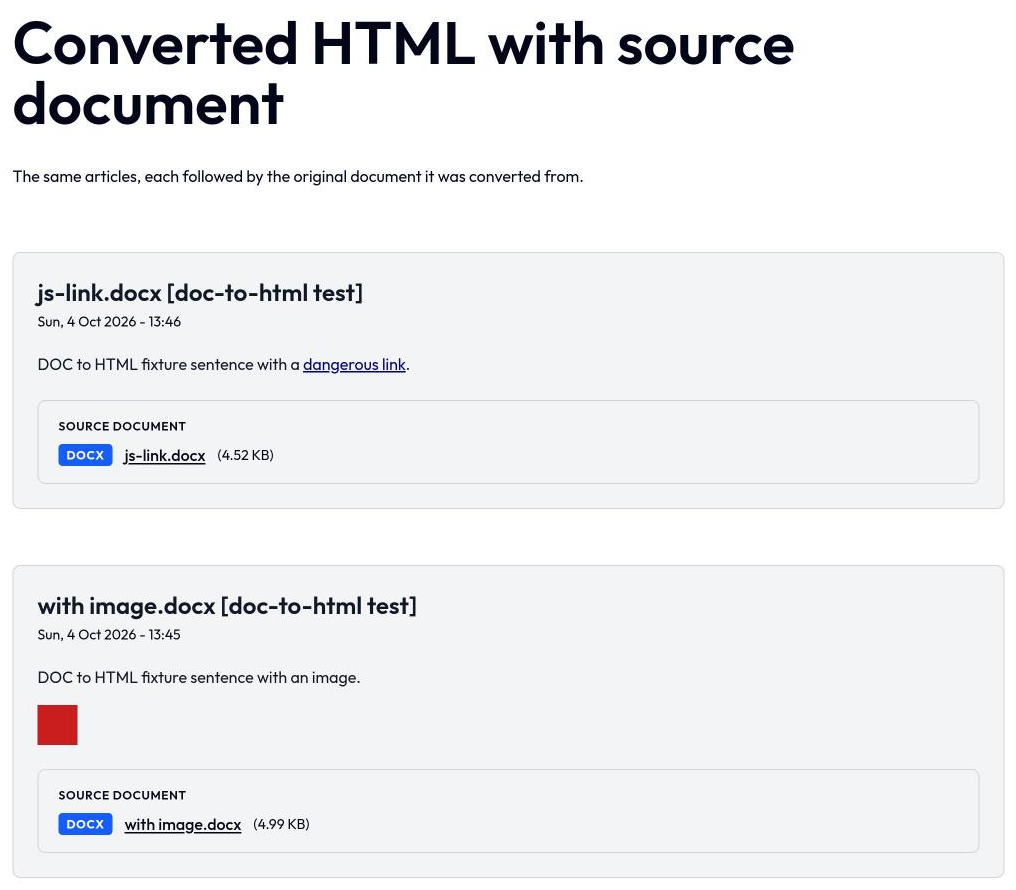The page with the converted articles and their source documents.