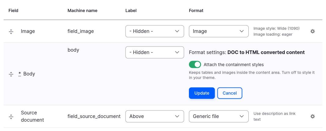 The Manage display page with the formatter DOC to HTML converted content.