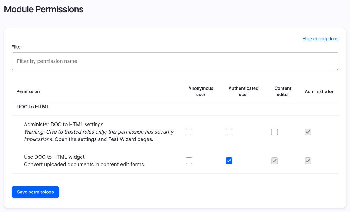 The two DOC to HTML permissions on the permissions page.