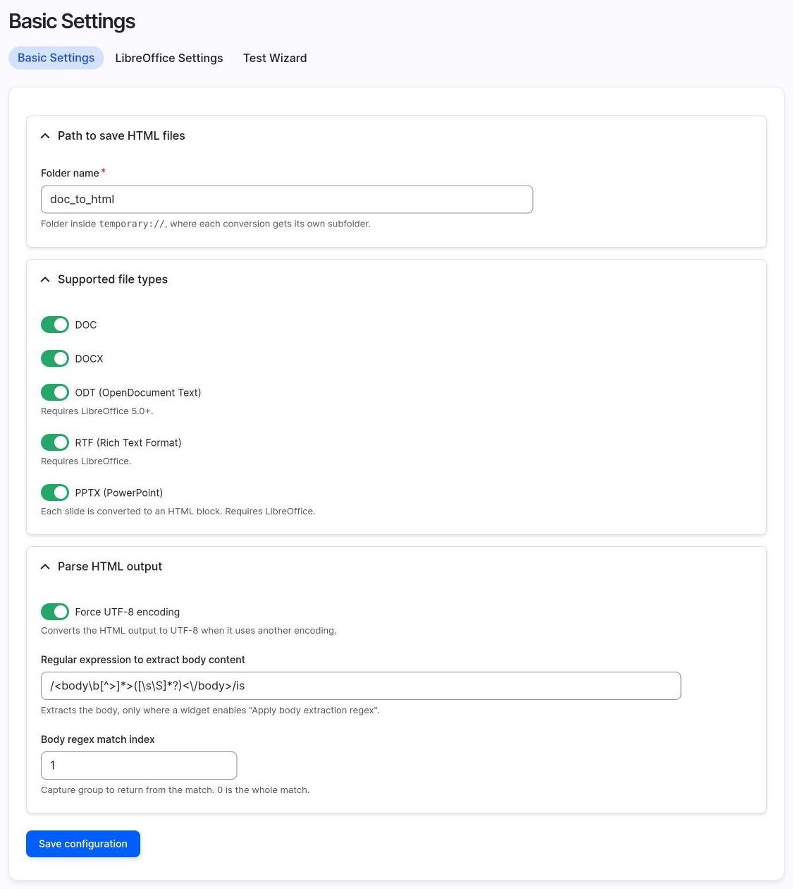 The Basic Settings page.