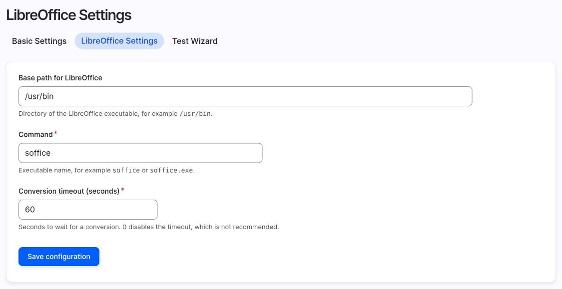 The LibreOffice Settings page with base path, command and timeout.
