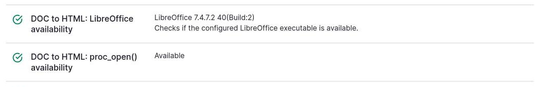 The DOC to HTML entries in the Drupal status report.