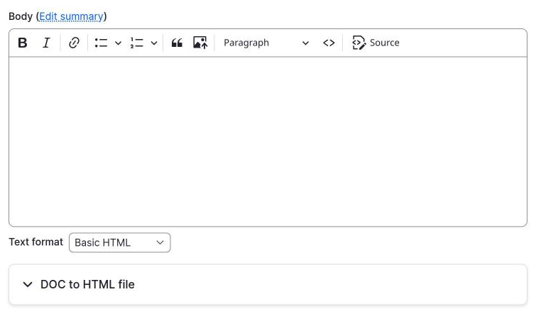 The DOC to HTML section, closed, under the Body field.