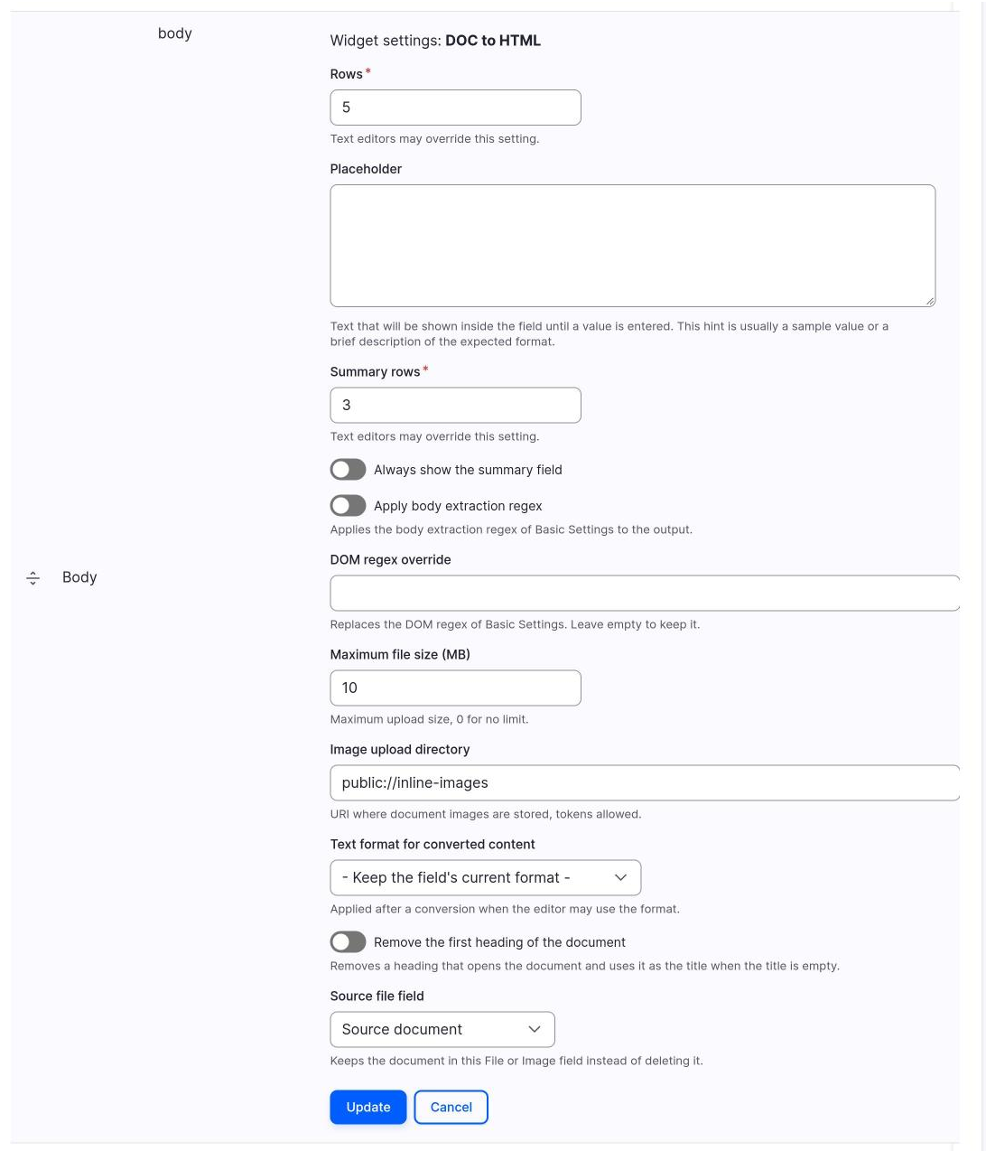 The settings of the DOC to HTML widget.