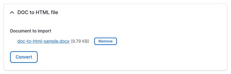 The DOC to HTML section after a document was uploaded and before Convert.
