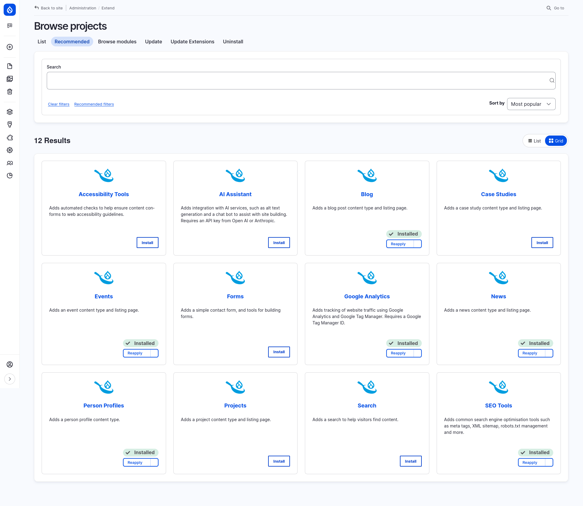 Screenshot shows a grid of recommended add-ons in the Extend administrative area.
