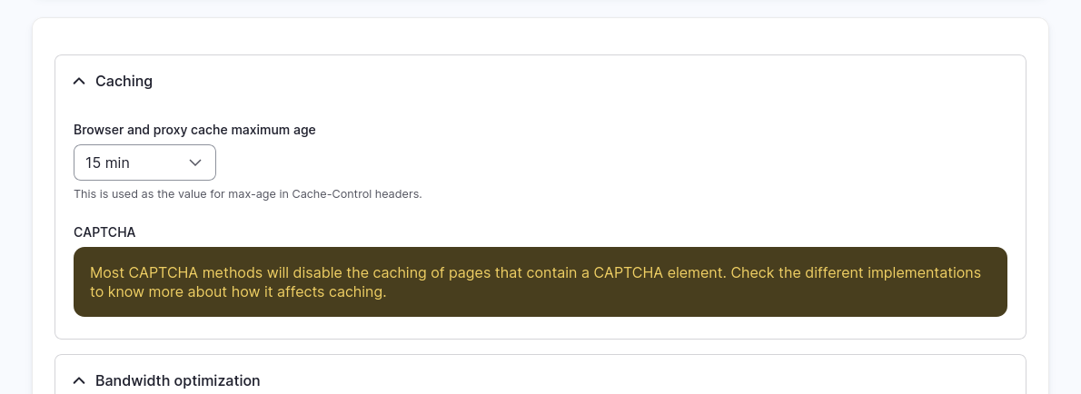 Caching configuration form in Drupal, including options for browser cache expiration and a notice about CAPTCHA affecting cache behavior.