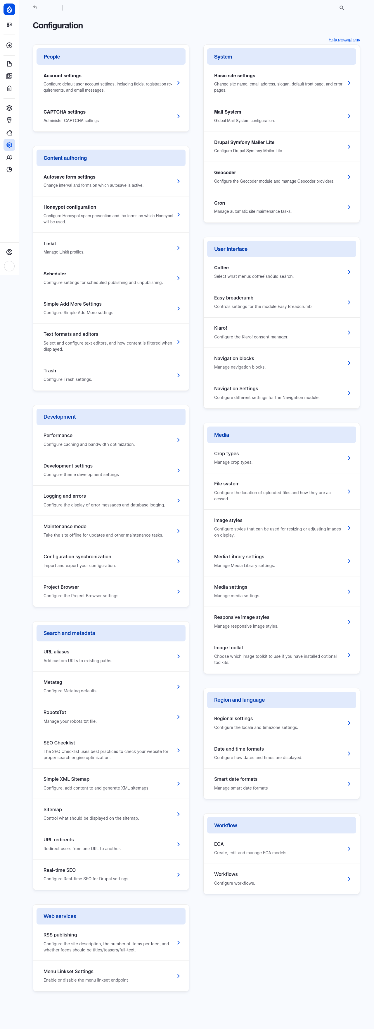 Drupal configuration overview page, listing categorized settings panels such as People, System, Content authoring, Media, and SEO.
