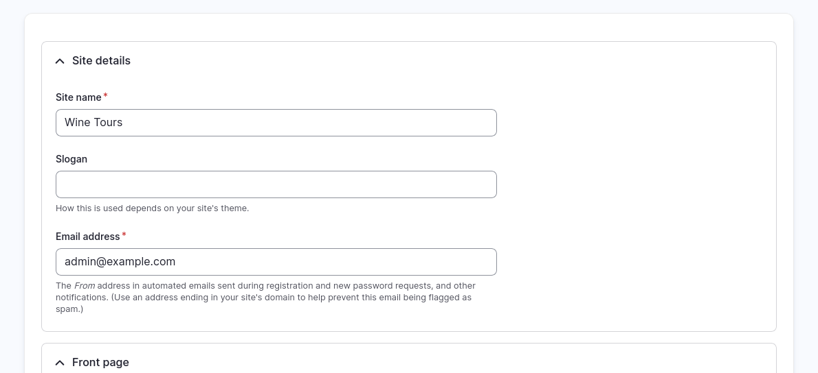 Drupal site settings form showing fields for site name, slogan, and administrative email address.