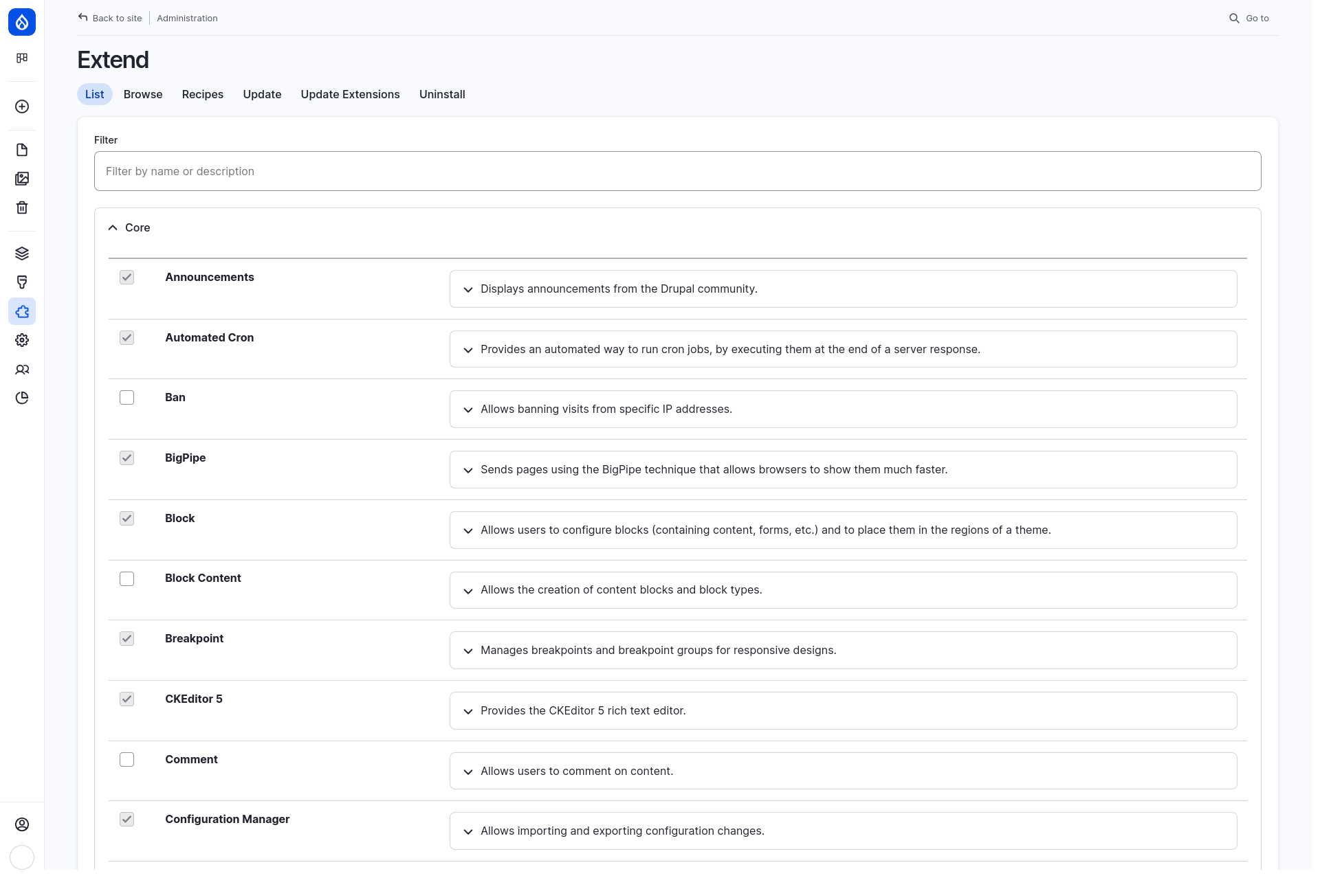 A list of modules with checkboxes for enabling or disabling them. Modules like Announcements, Automated Cron, Block, CKEditor 5, and Comment are checked. Each module has a description explaining its functionality.