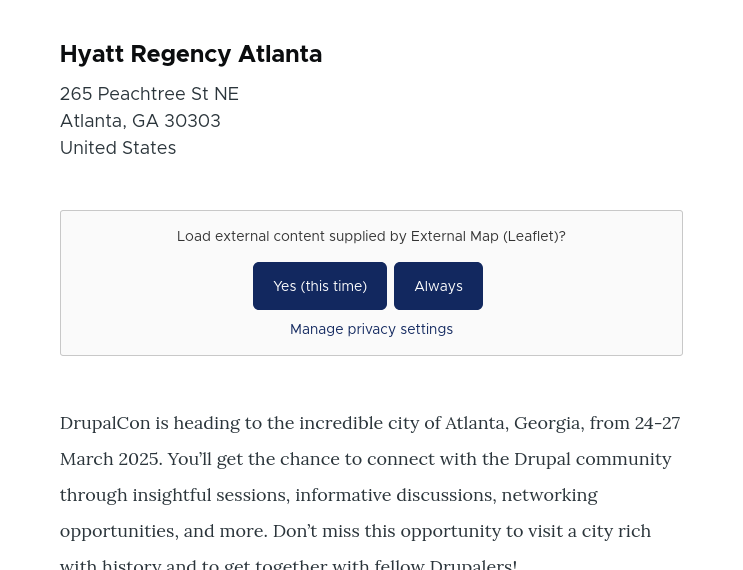 A privacy consent prompt asking whether the user wants to load external content from an embedded map service (Leaflet). The options presented are “Yes (this time)” and “Always,” along with a link to manage privacy settings.