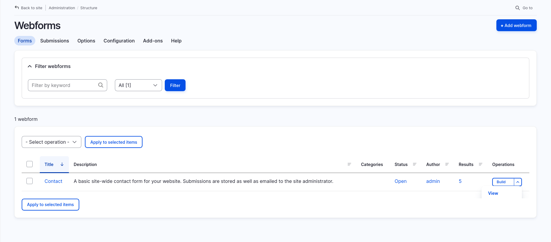 Admin interface listing available webforms. A single 'Contact' form is shown with options to view or build. The table includes columns for title, description, status, author, and number of results.