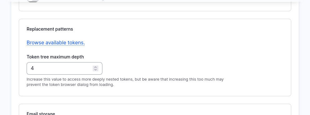 Section of email template form showing the link to open the token browser UI.