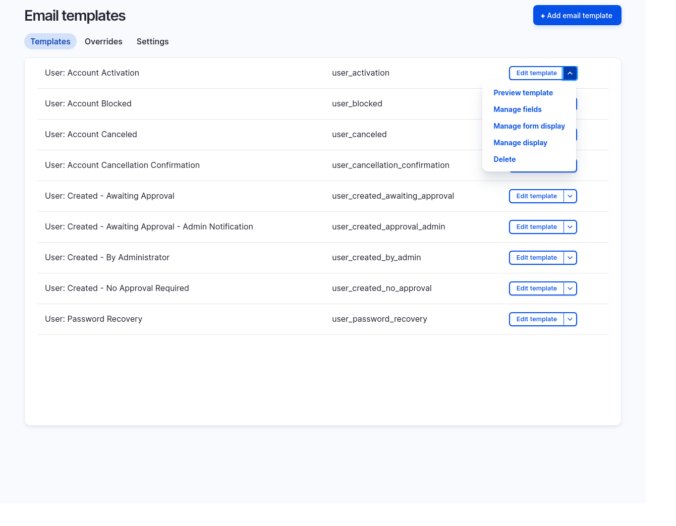 Table showing a list of email templates in Drupal CMS for different user account events like activation, password recovery, and approval.