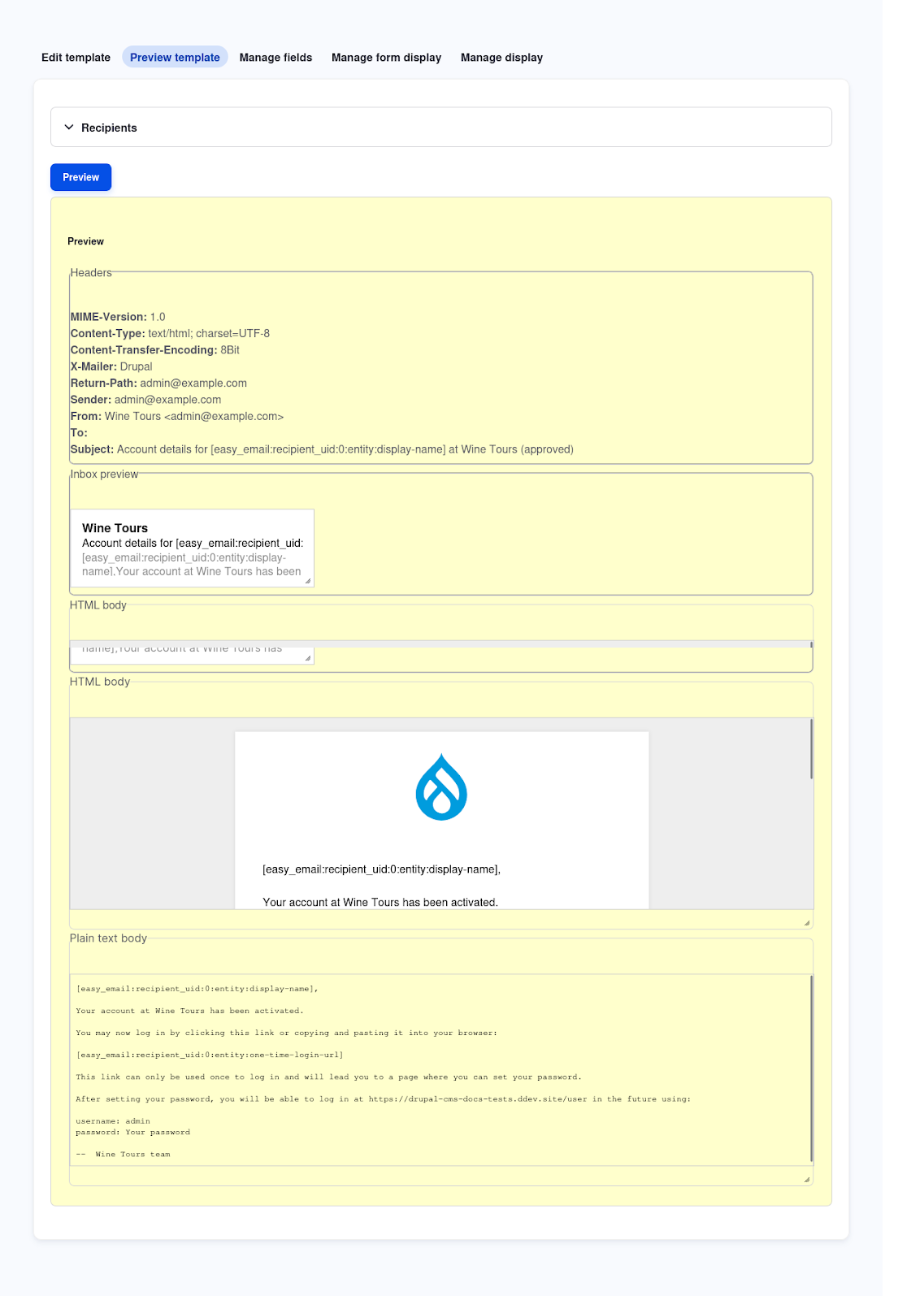 Preview of an account activation email template showing headers, HTML body, and plain text fallback.