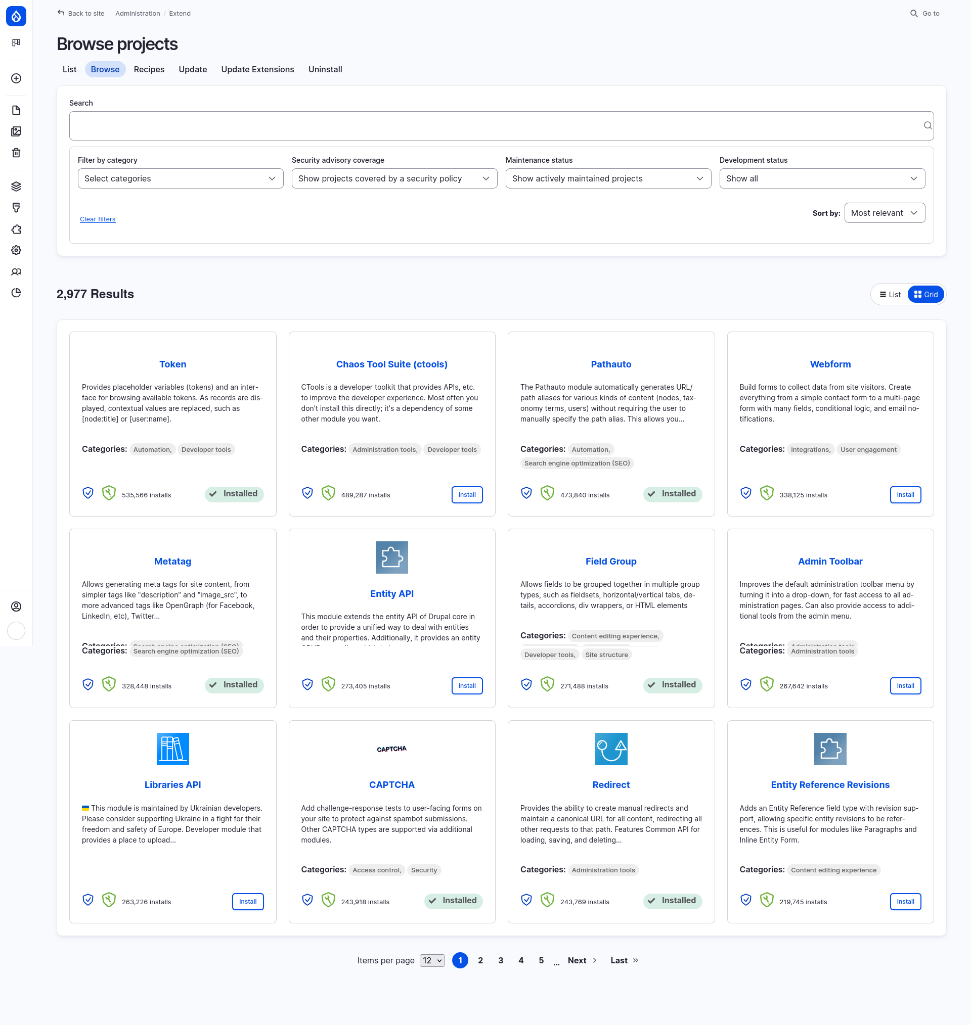 Browse projects page in the Extend admin area showing search and filters for locating modules or recipes.