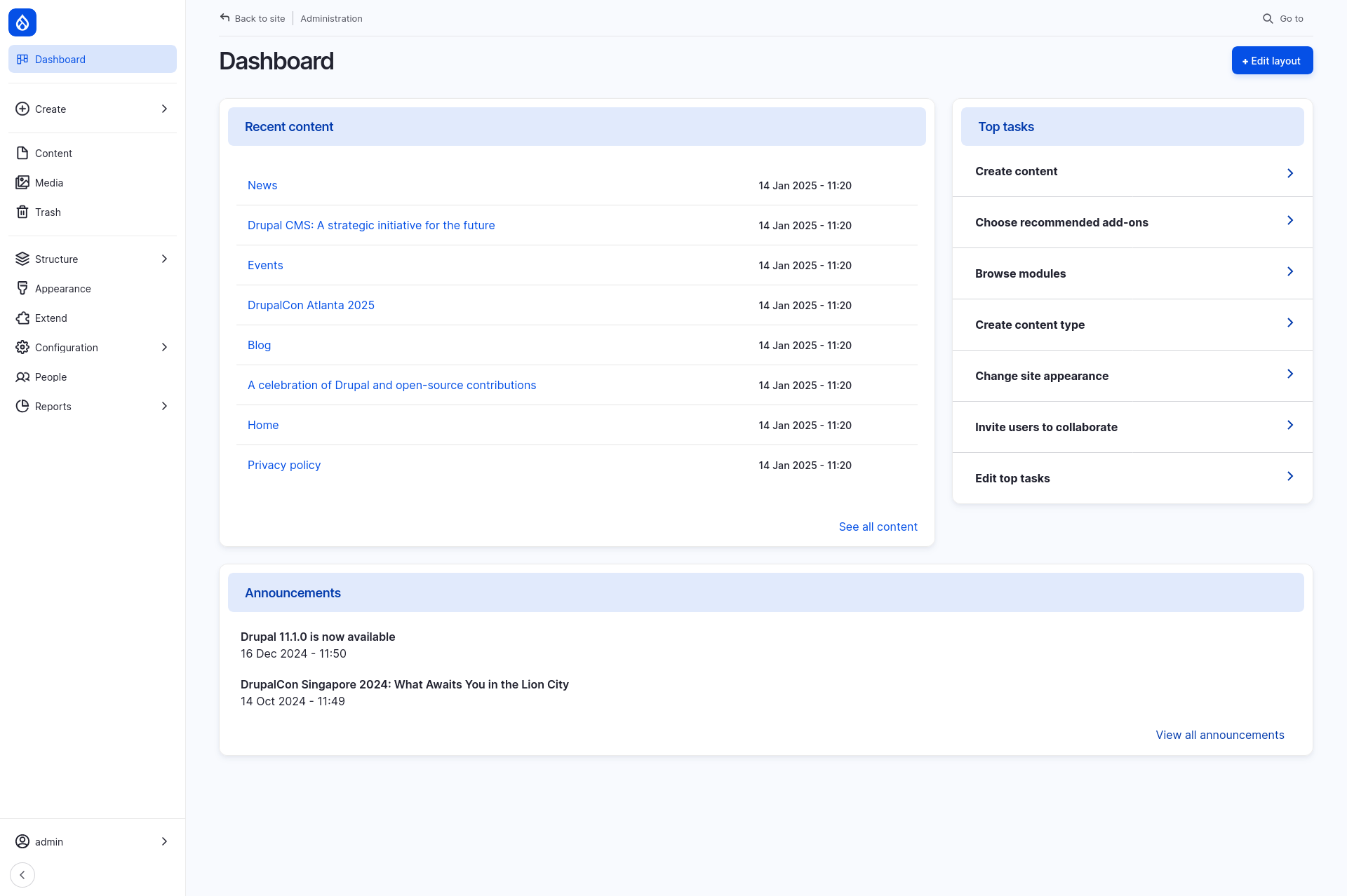 The Drupal CMS administration dashboard displaying Recent content and Top tasks.