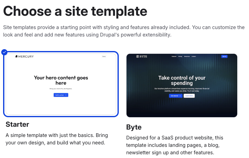 The second screen of the installer, showing where you can select which site template to start with.