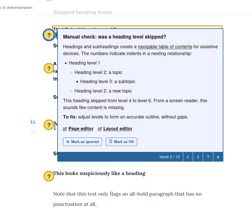 Ed11y accessibility checker interface showing multiple heading-related issues, including skipped heading levels, long headings, and suspicious formatting.