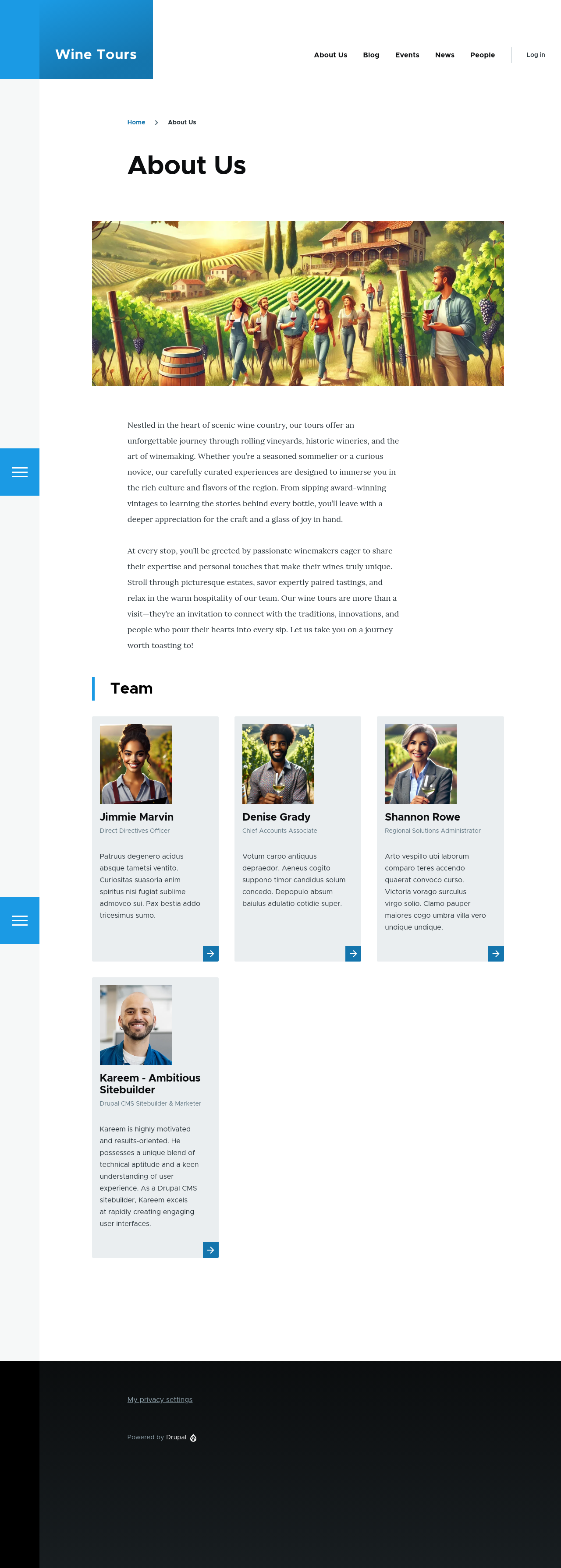 A webpage titled "About Us" under the "Wine Tours" brand. The page includes an illustration of a vineyard tour with people walking among grapevines and a description of the wine tours. Below, a "Team" section highlights Kareem, an ambitious site builder and marketer, with a photo and bio.